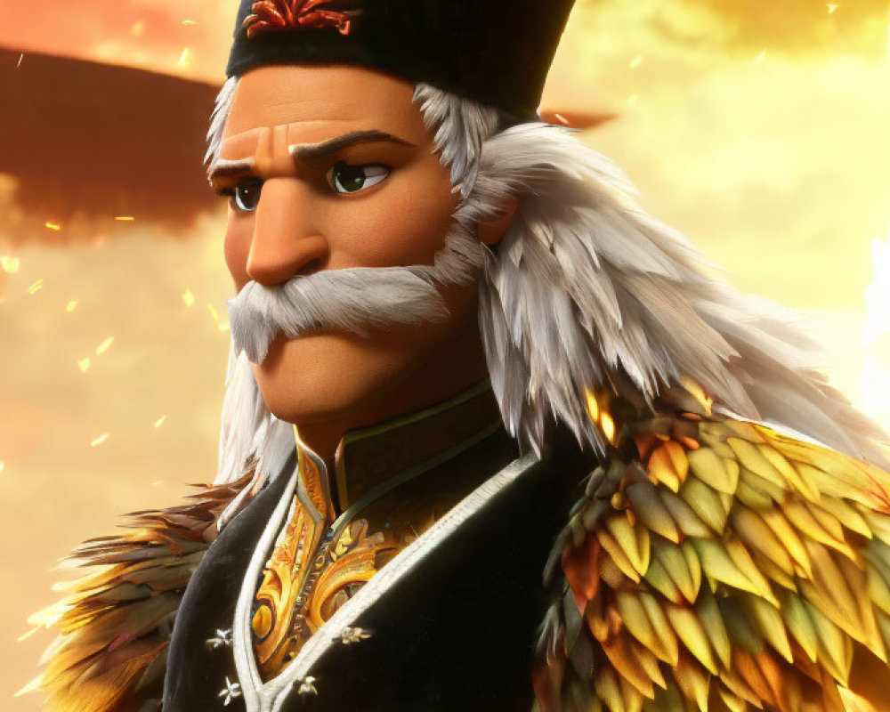 Stern 3D animated military figure in fur hat against fiery backdrop