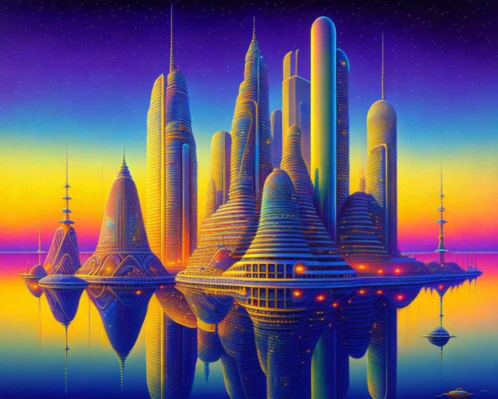 Futuristic cityscape with skyscrapers reflecting on water at twilight