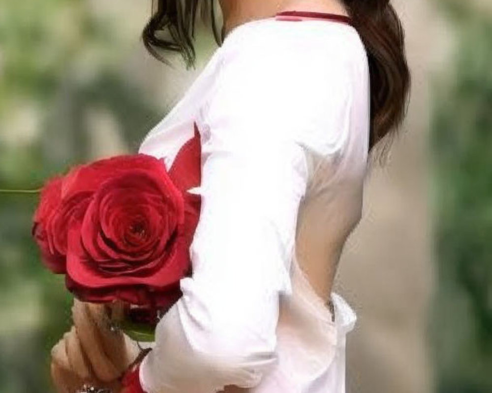 Woman in white dress with red ribbon holding red roses bouquet in blurred background