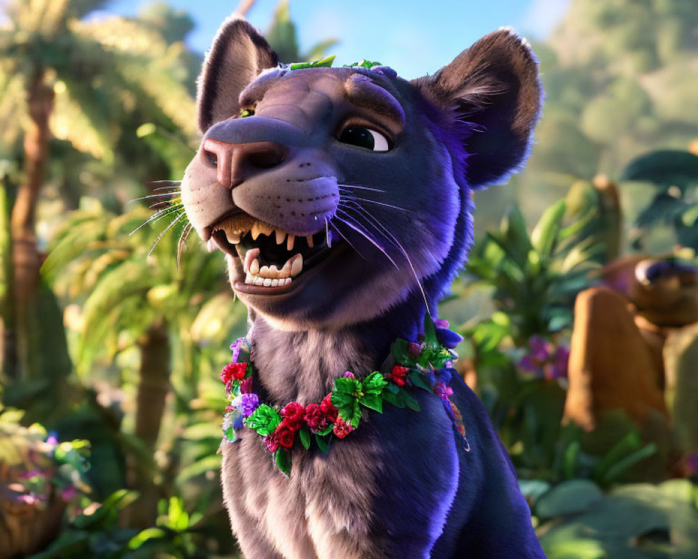 Smiling animated panther in colorful flower lei in lush jungle