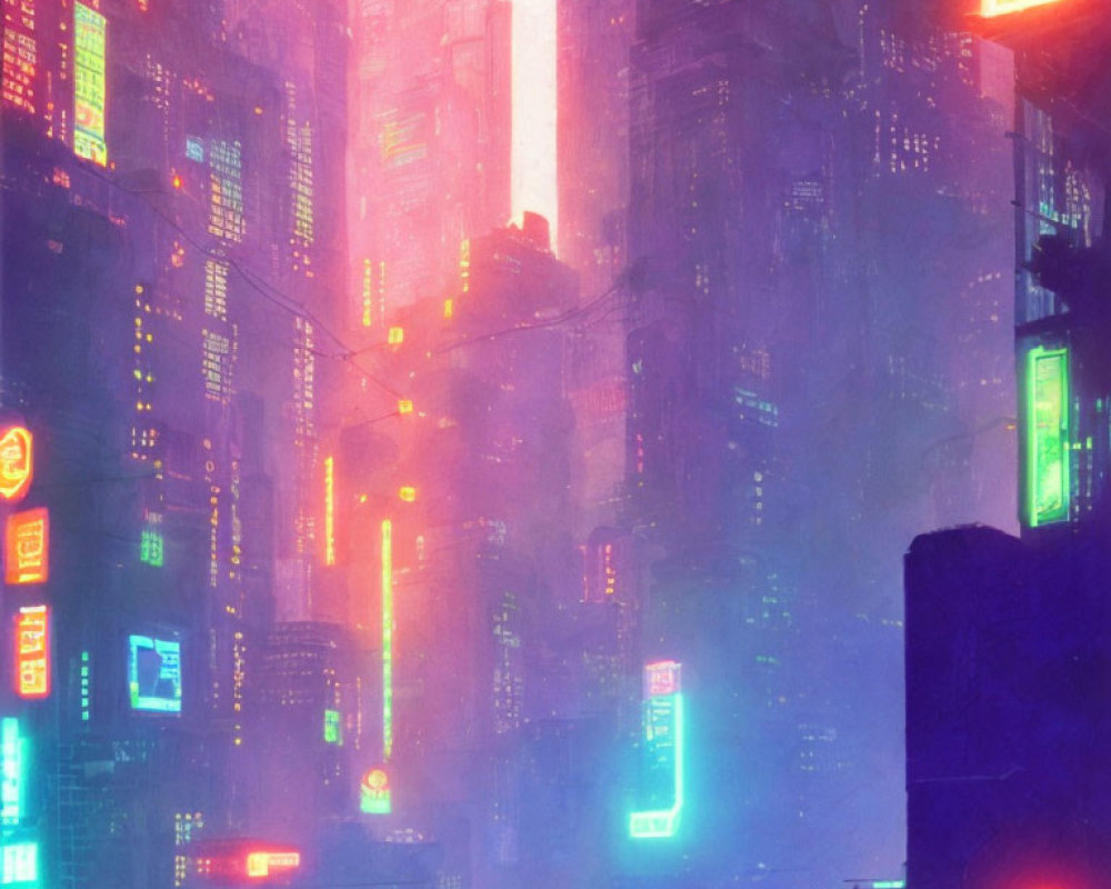 Futuristic neon-lit cityscape with skyscrapers at dusk