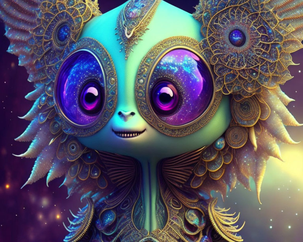 Whimsical creature with large purple star-filled eyes and golden head adornments