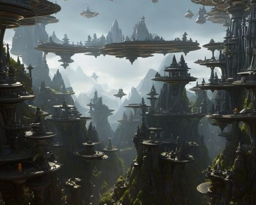 Fantastical cityscape with towering spires and floating islands in mountainous terrain.