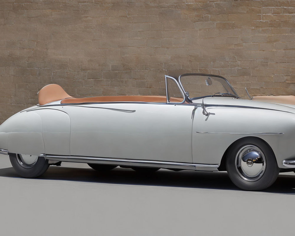 Vintage Silver Convertible Car with Whitewall Tires and Tan Interior Against Brick Wall