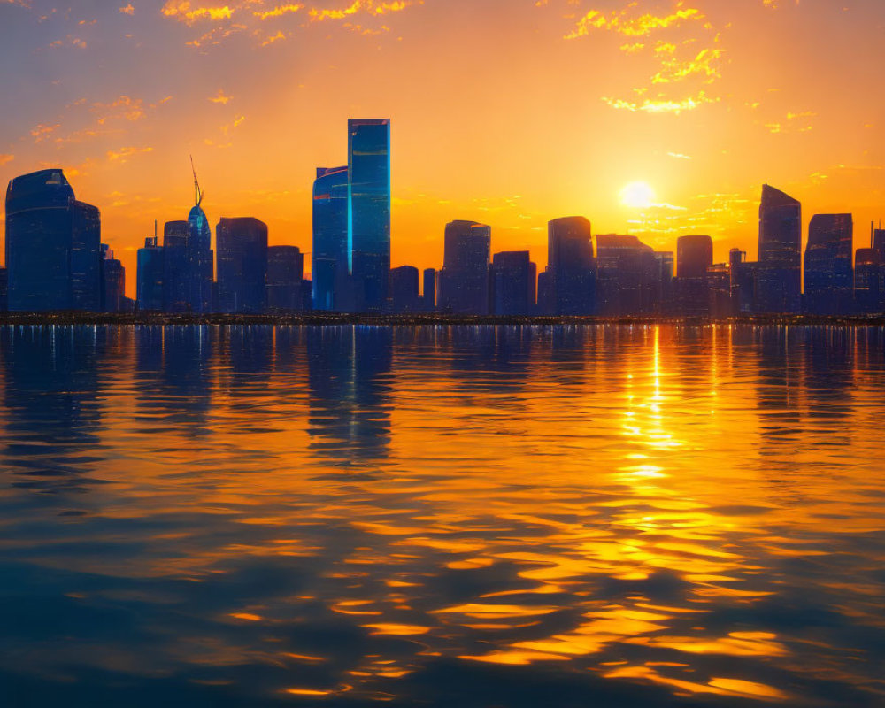 City skyline at sunset with vibrant orange and yellow sky and water reflections