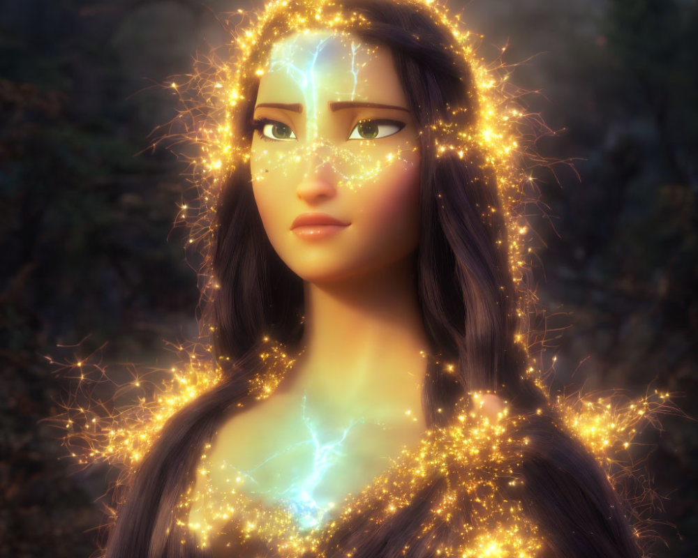 Dark-haired woman in glowing ethereal aura against forest backdrop