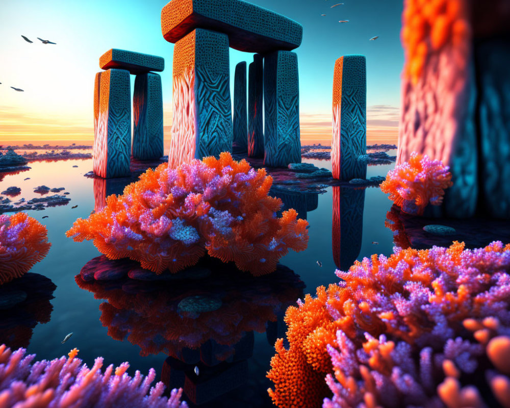 Surreal landscape with Stonehenge-like pillars, vibrant corals, reflective water, sunset sky