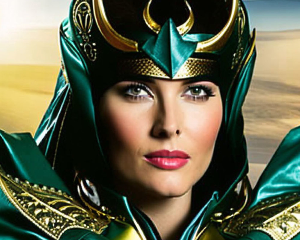 Detailed Green and Gold Costume with Horned Helmet on Woman against Sky