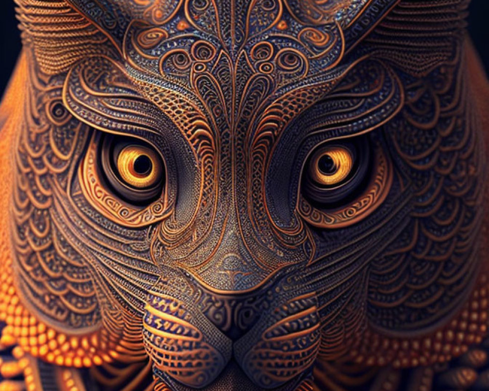 Detailed Ornate Cat Head Illustration with Golden-Brown Palette