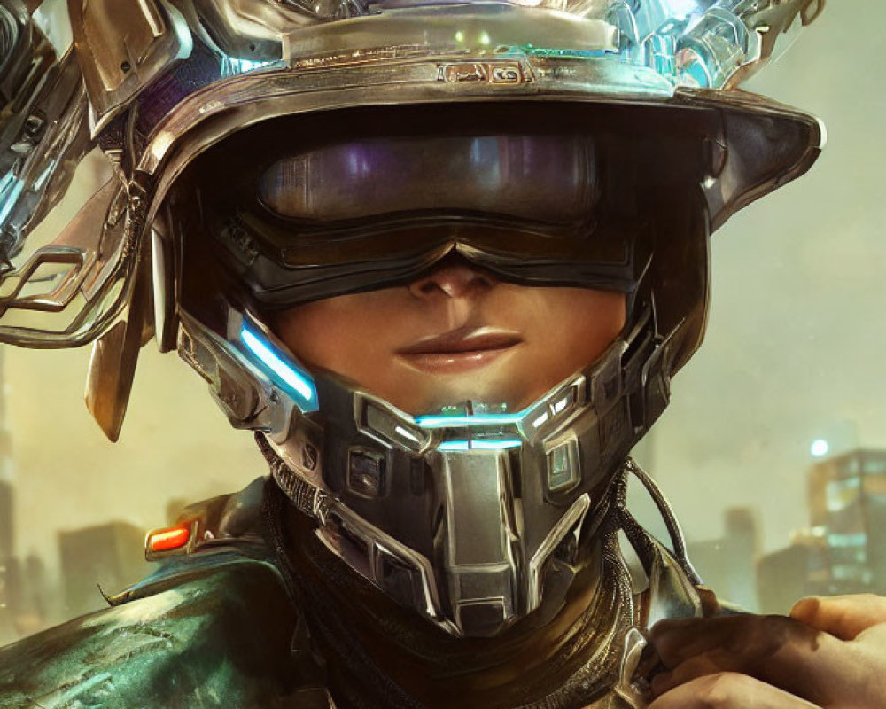 Futuristic soldier in high-tech helmet and armor in cityscape.