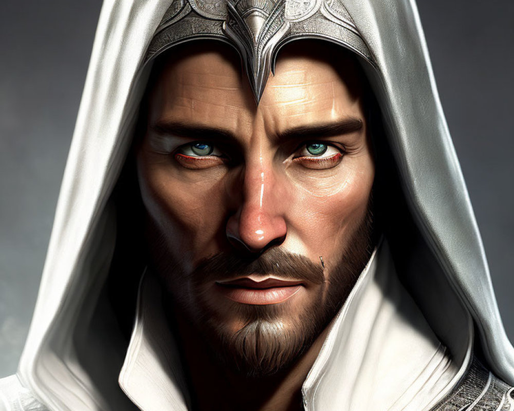 Detailed digital portrait: man with blue eyes, silver helmet, and white hood with embroidery