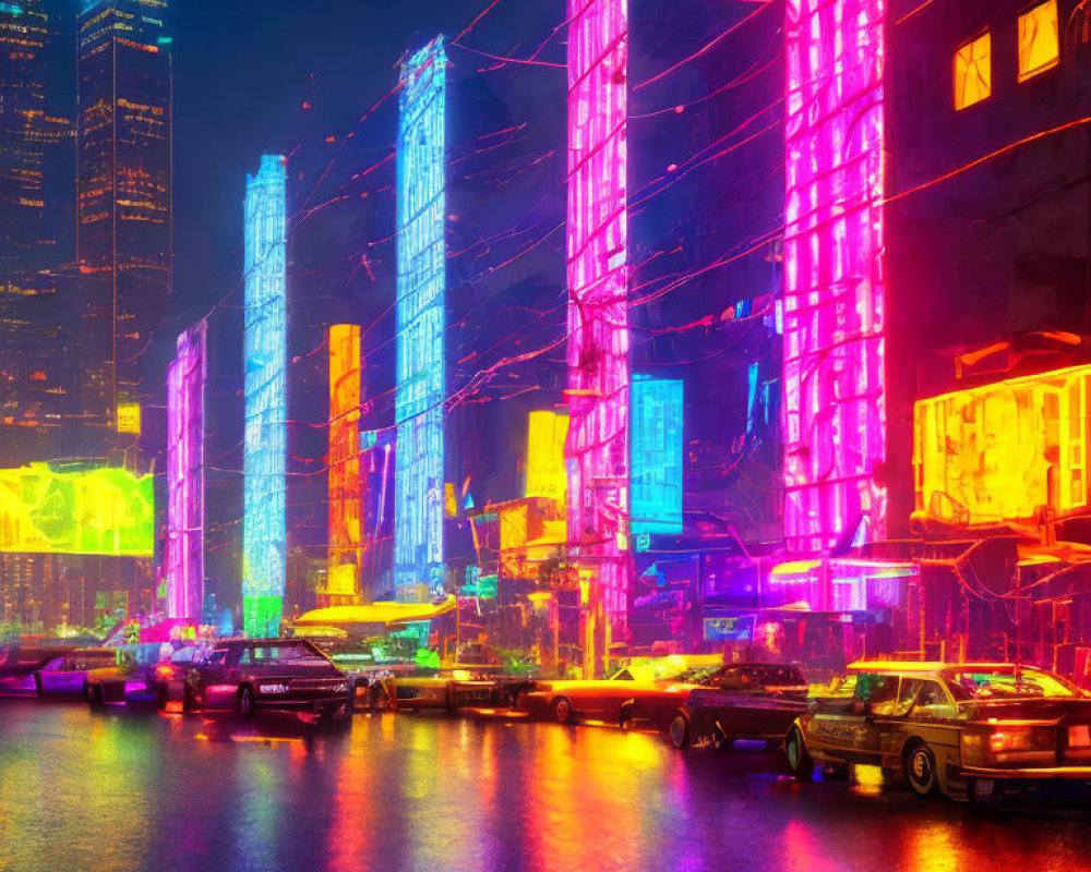 Colorful Neon-Lit Cityscape with Skyscrapers and Parked Cars