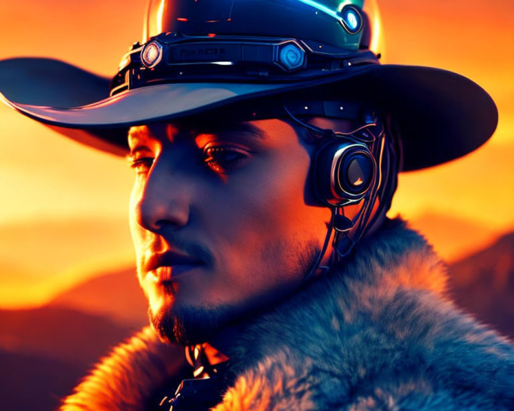 Futuristic cowboy hat with glowing elements in sunset scene