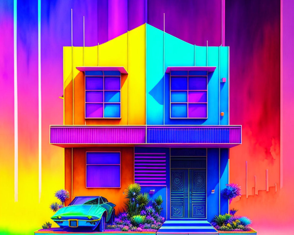 Neon-colored modern house with retro car on psychedelic background