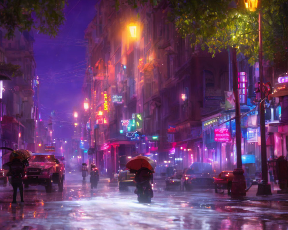 Rainy city street at night with neon lights, street lamps, wet pavement, cars, and person