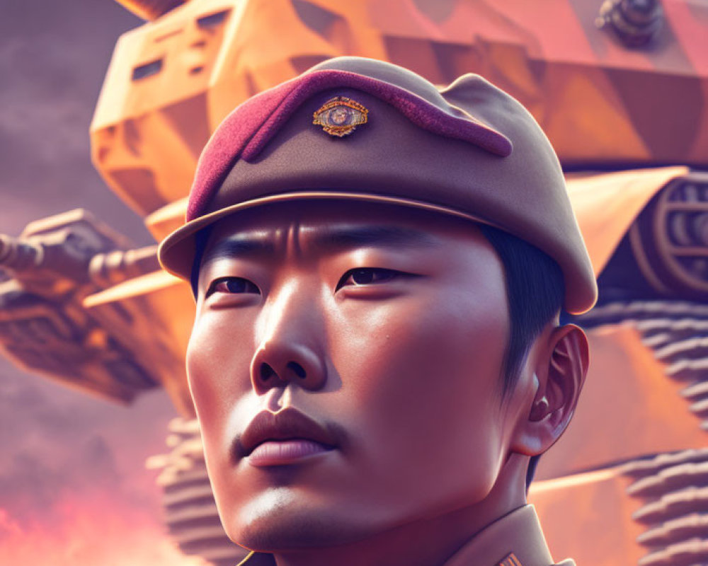 Digital artwork of Asian soldier in uniform with beret among futuristic tanks under dusky sky