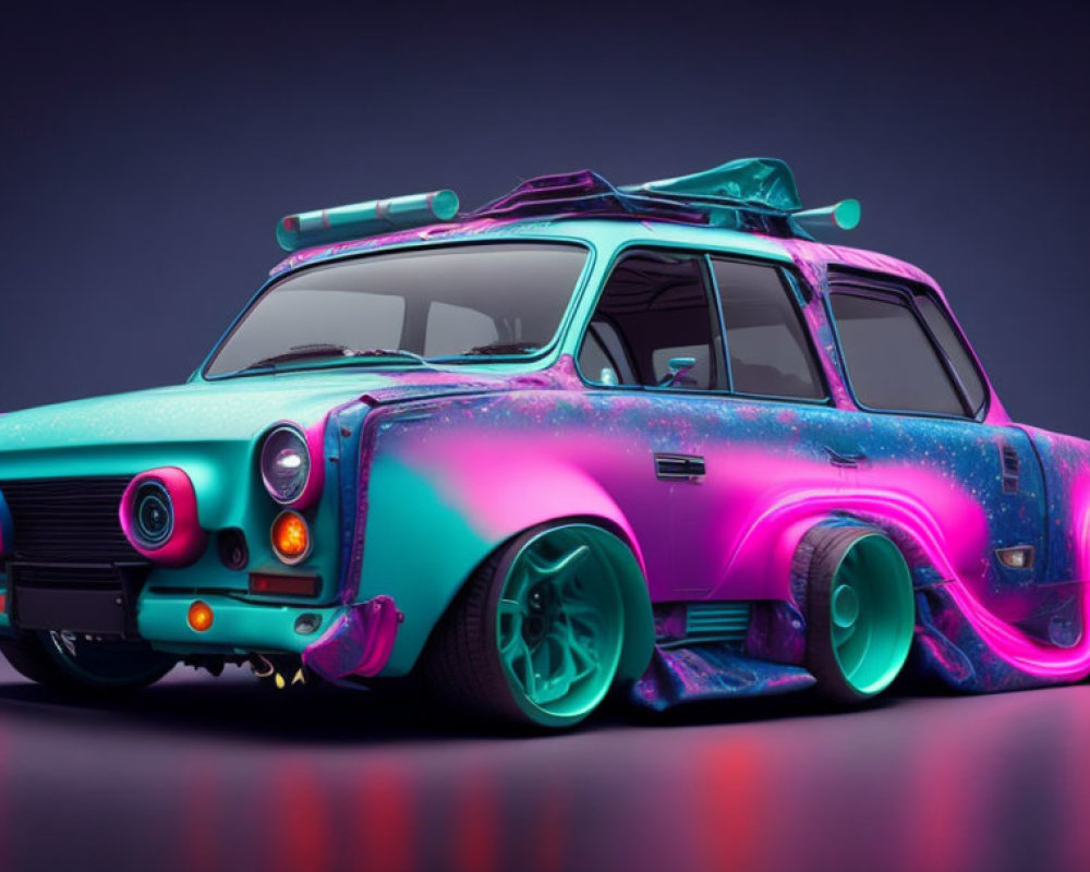 Colorful Retro-Modified Station Wagon with Custom Wheels