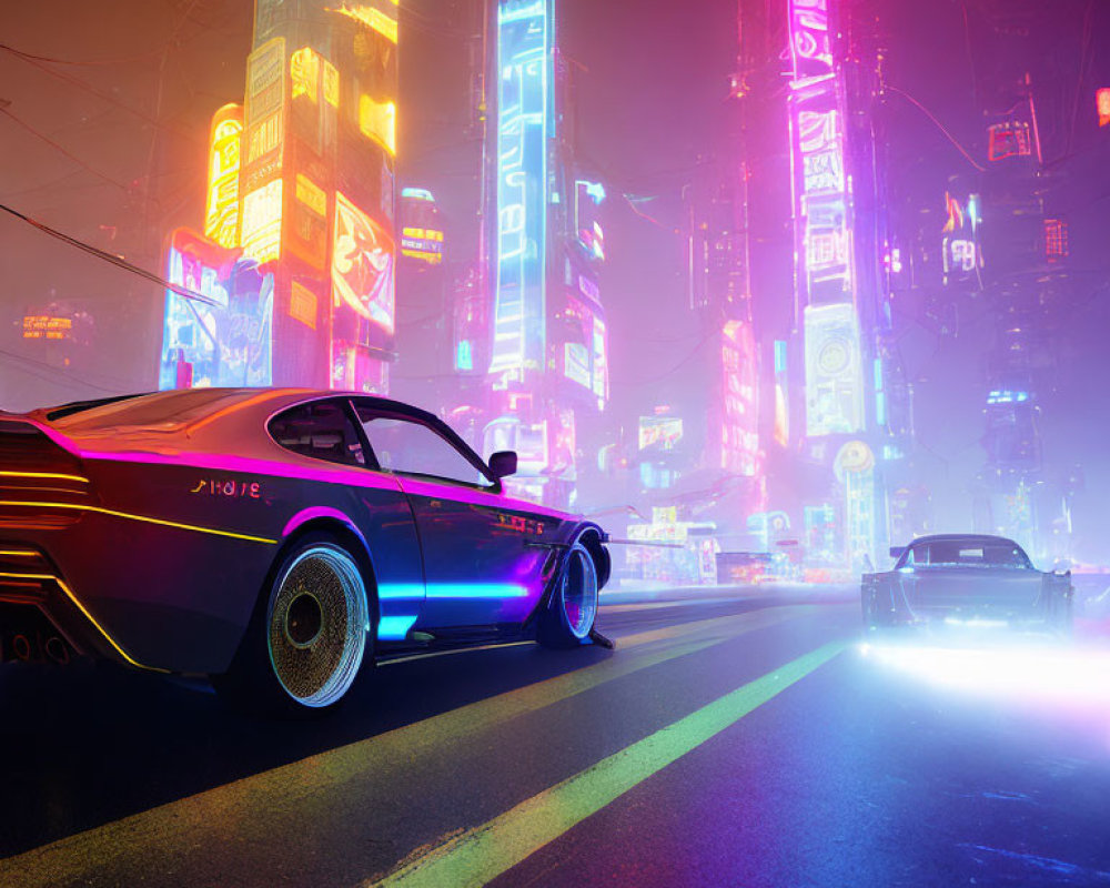 Futuristic neon-highlighted car in cyberpunk cityscape