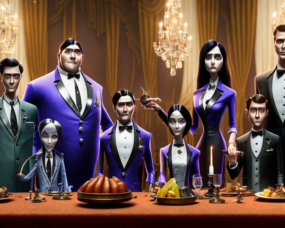 Stylized animated family in formal attire at opulent dining table