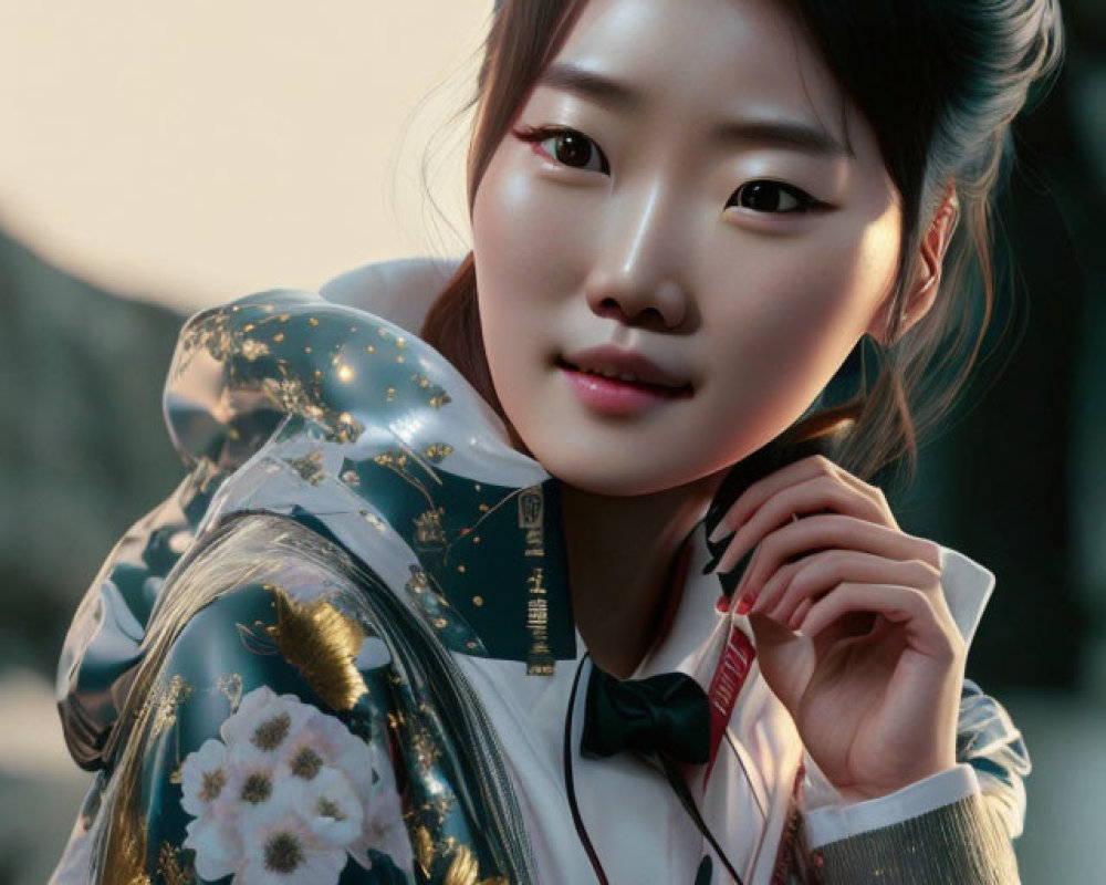 Traditional Hanbok with floral patterns on a young woman in soft sunlight