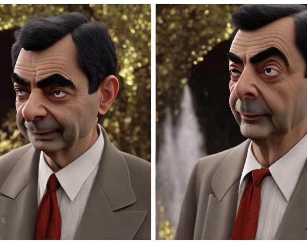 3D-animated character in brown suit with white shirt and dark hair