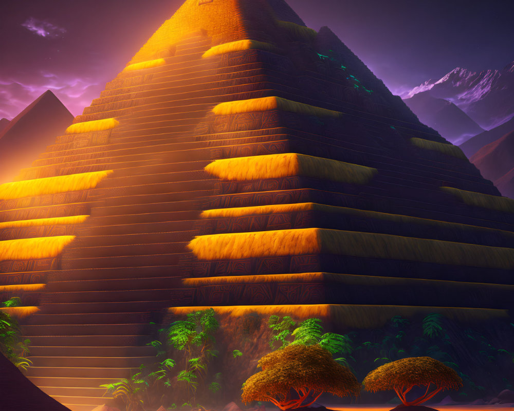 Mystical golden pyramid in lush dusk setting