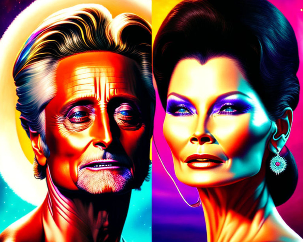 Colorful digital artwork of man and woman with exaggerated features and vibrant lighting