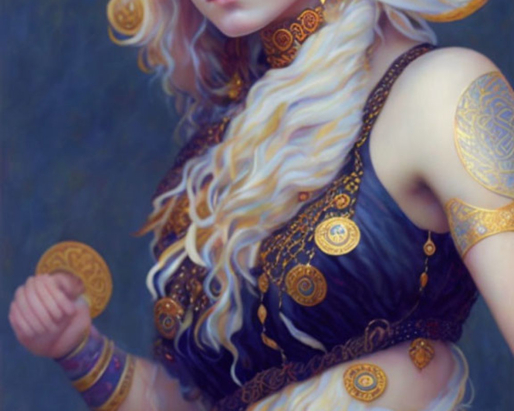 Fantasy digital artwork of pale-skinned female with golden tattoos