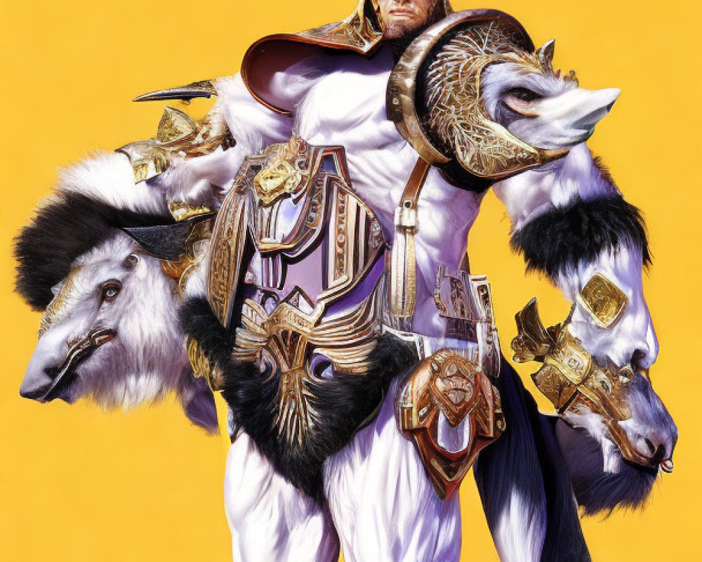 Fictional warrior in purple armor wields axe on yellow backdrop