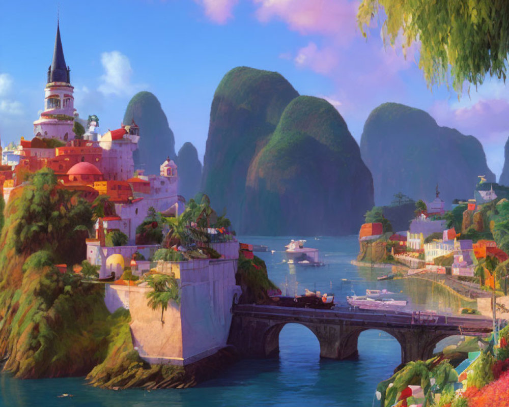 Colorful coastal town with stone bridge, boats, and mountains