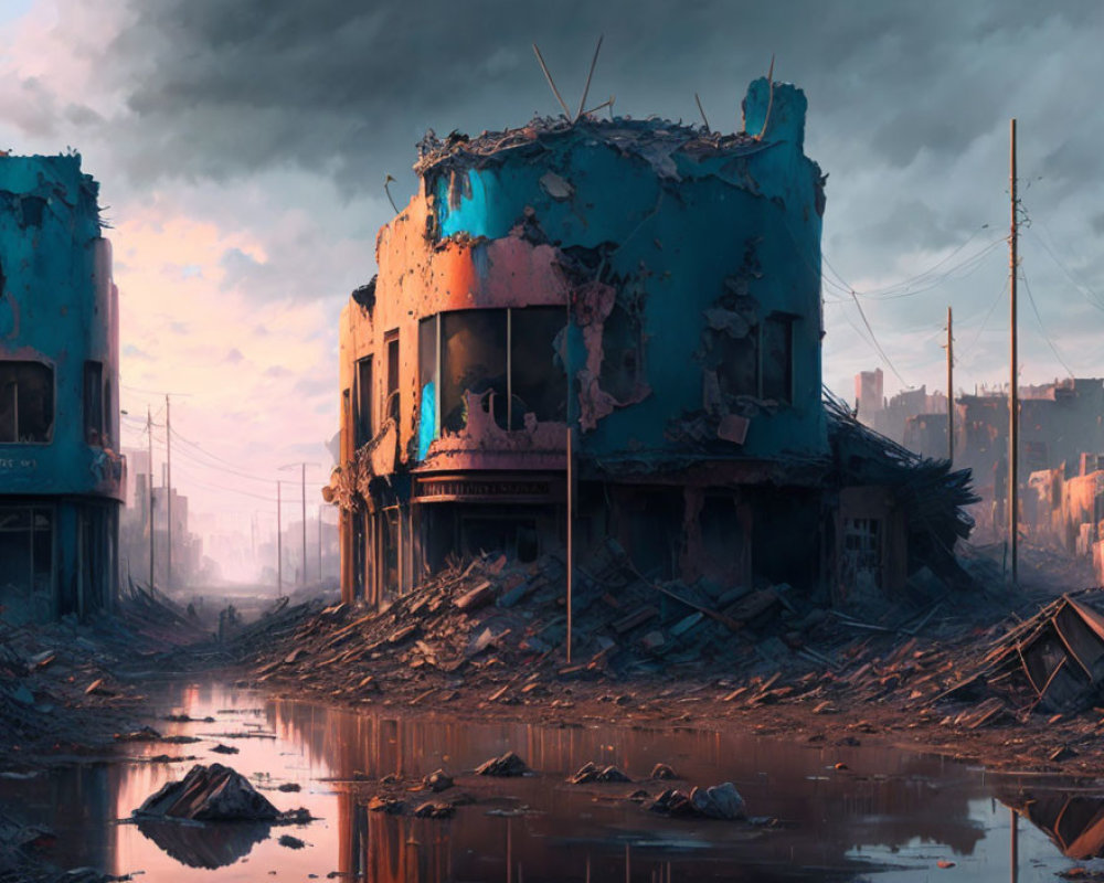 Dilapidated post-apocalyptic cityscape with flooded streets under dusky sky