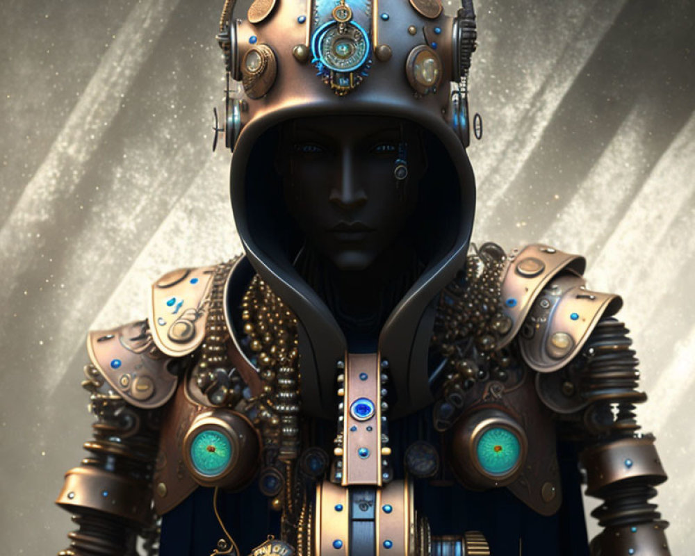 Steampunk-inspired figure in ornate armor with gear-adorned helmet.