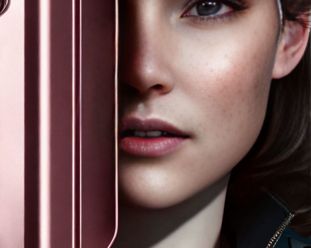 Detailed close-up of woman's face behind pink metallic surface