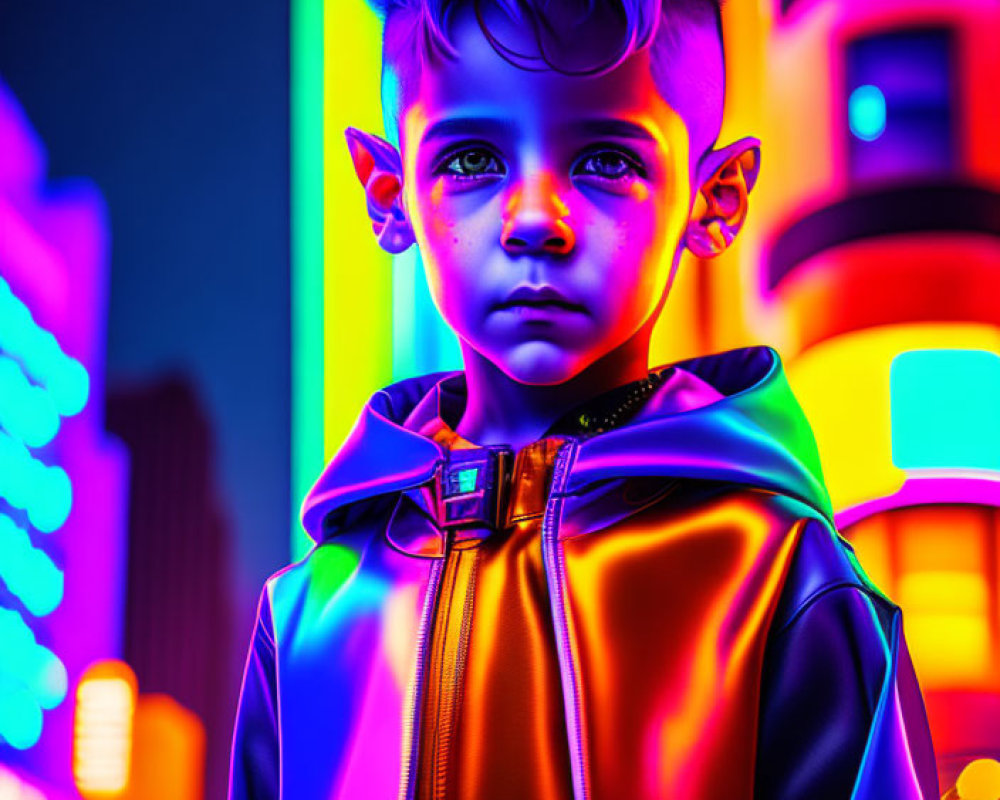 Stylized hair boy in neon-lit city night with shiny jacket