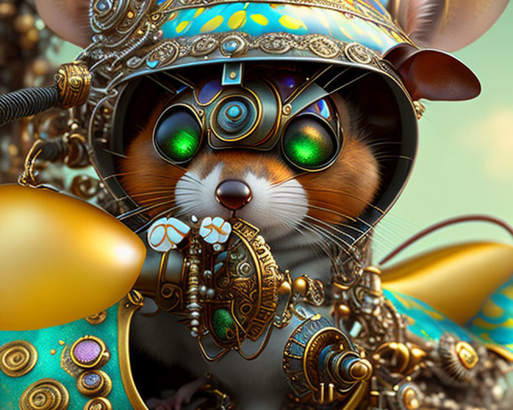 Steampunk mouse in ornate armor with goggles and key on blurred background