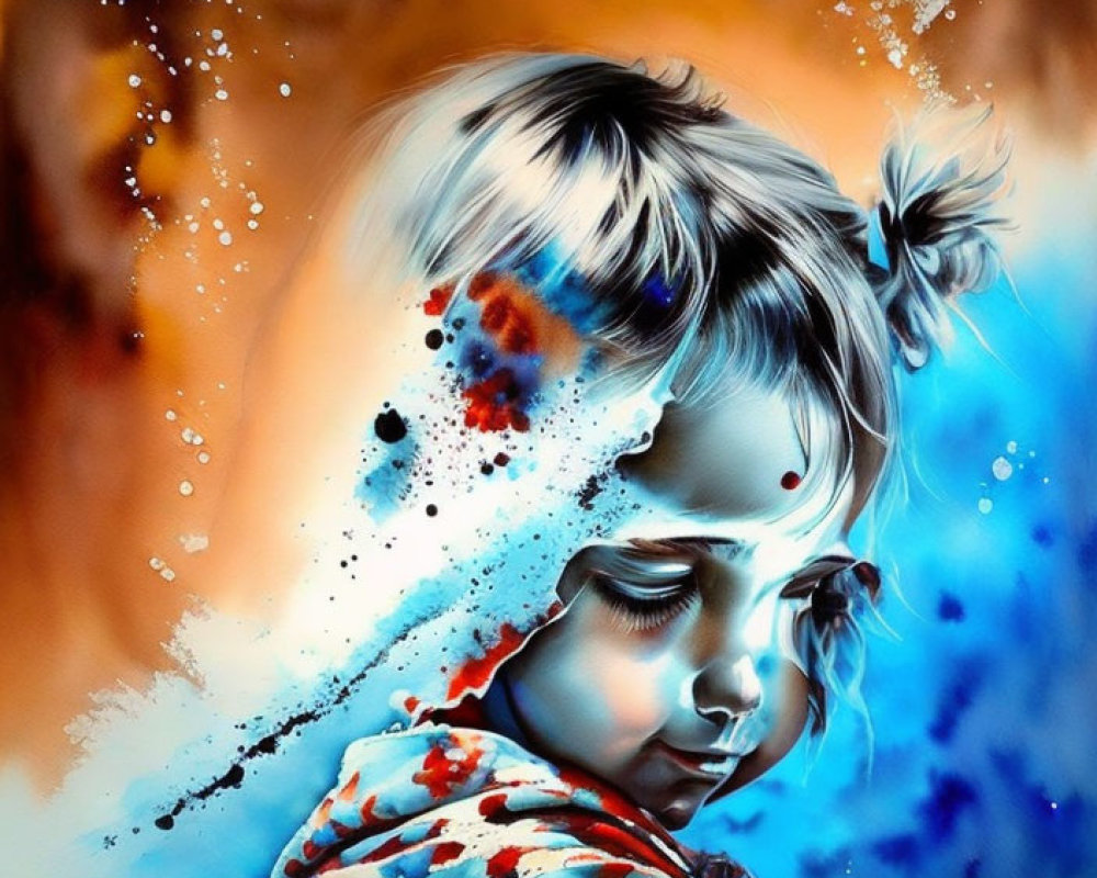 Abstract painting of young girl with blue tones & dynamic splashes