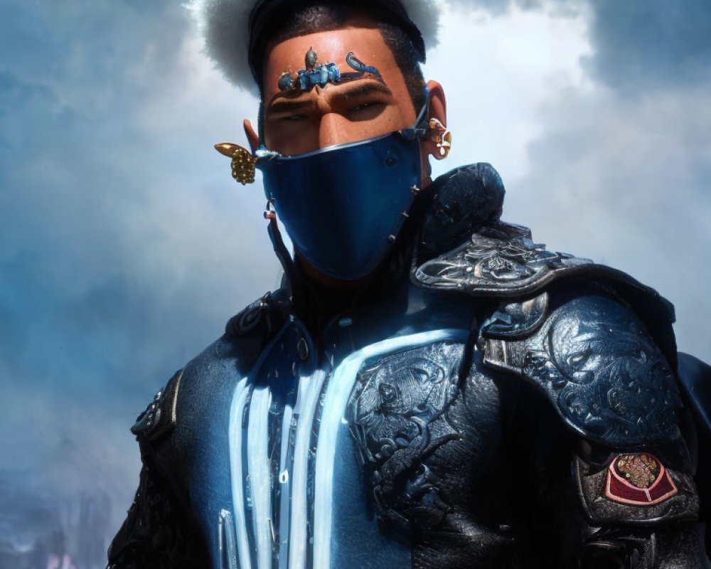 Fantasy armor-clad figure with blue mask and forehead jewels against cloudy sky.