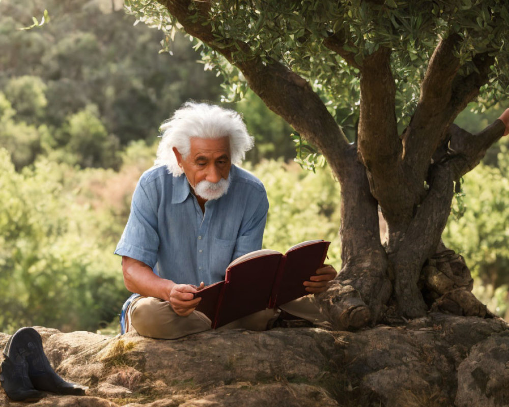 Elderly man with white hair and beard reading book under olive tree