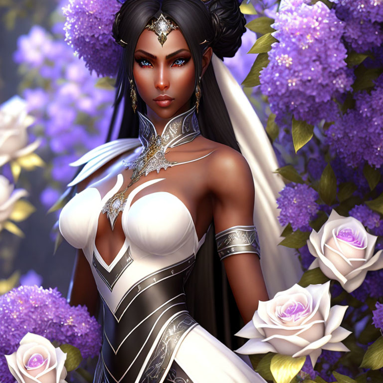 Fantasy character with dark skin and silver jewelry in purple flower setting