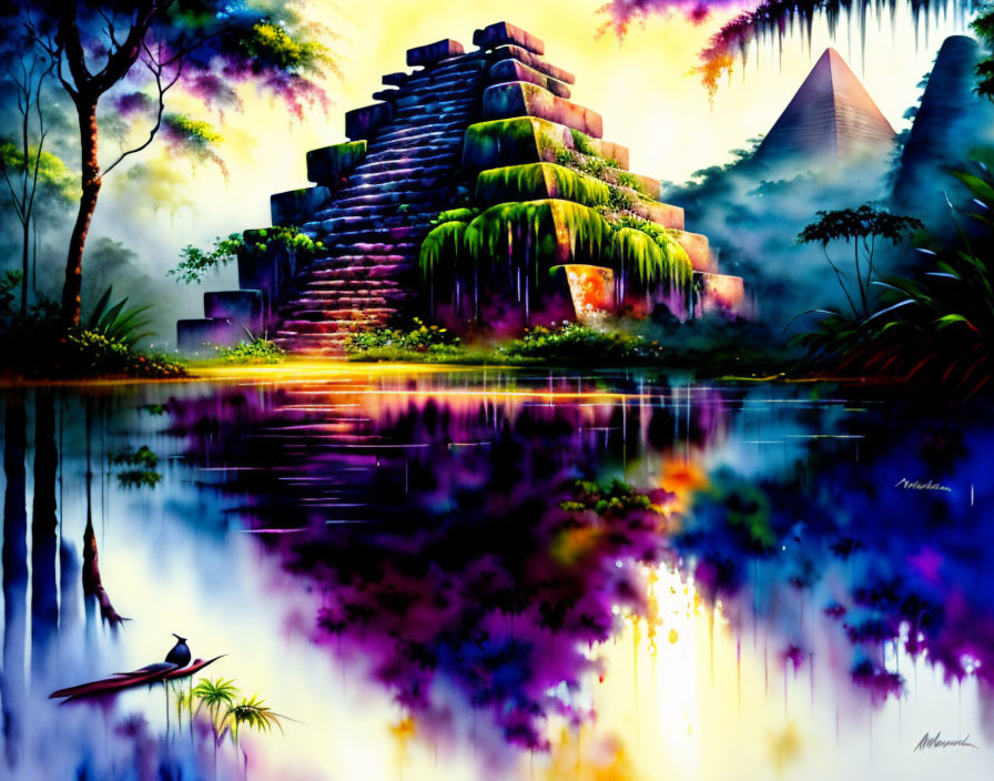 Colorful painting of tranquil scene with pyramid, lush trees, water, and bird