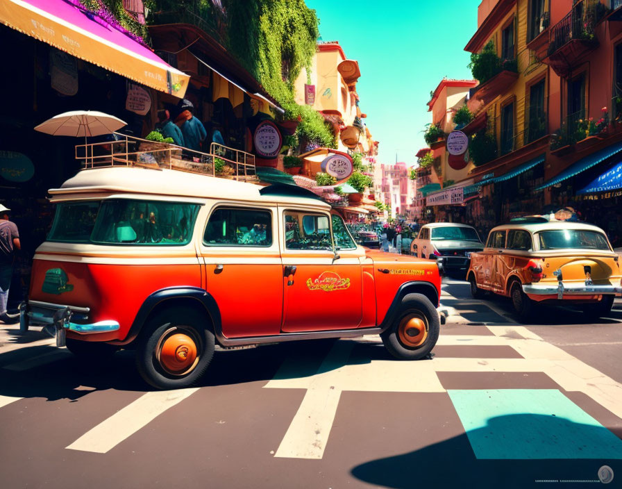 Colorful Vintage Cars and Pedestrians in Vibrant Street Scene