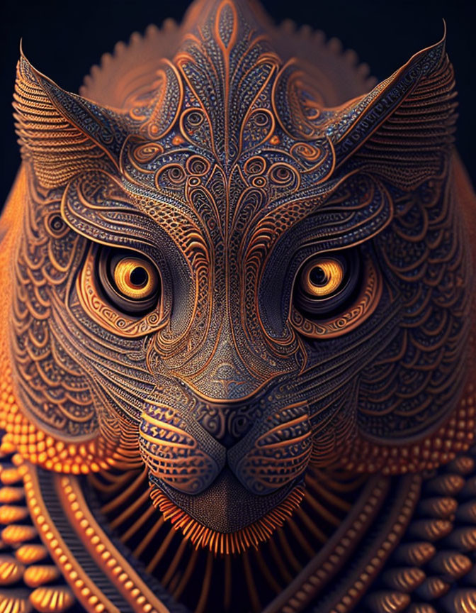 Detailed Ornate Cat Head Illustration with Golden-Brown Palette