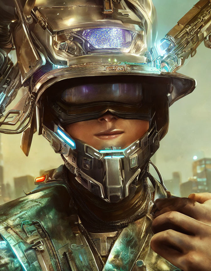 Futuristic soldier in high-tech helmet and armor in cityscape.