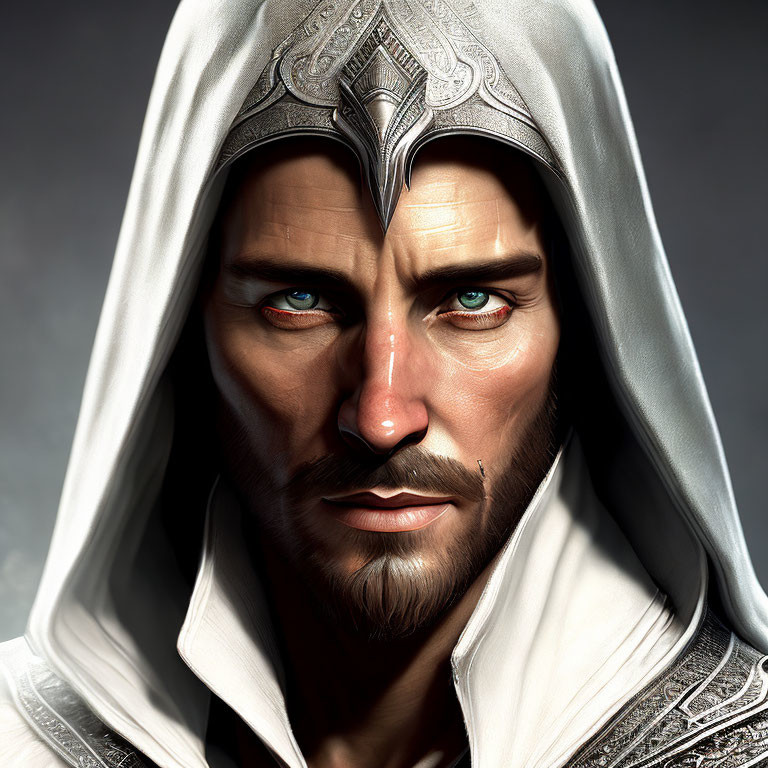 Detailed digital portrait: man with blue eyes, silver helmet, and white hood with embroidery