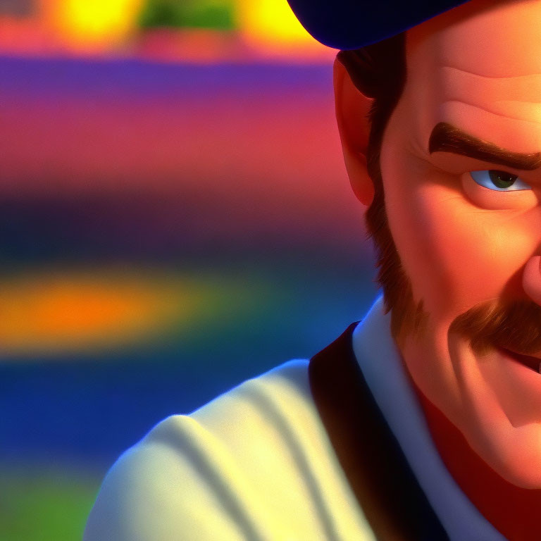 Animated character with mustache in captain's hat on vibrant background