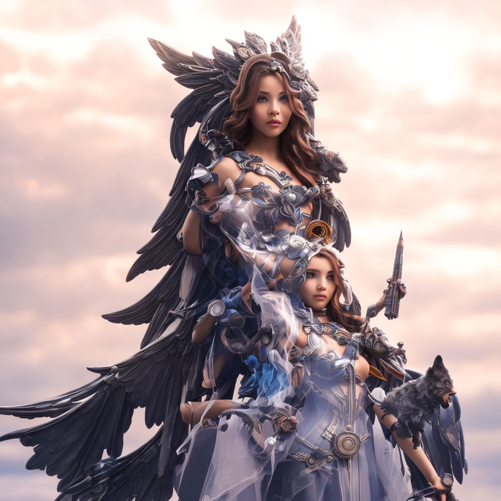 Fantasy female warriors in ornate armor with wings and sword under cloudy sky.