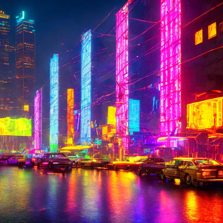 Colorful Neon-Lit Cityscape with Skyscrapers and Parked Cars