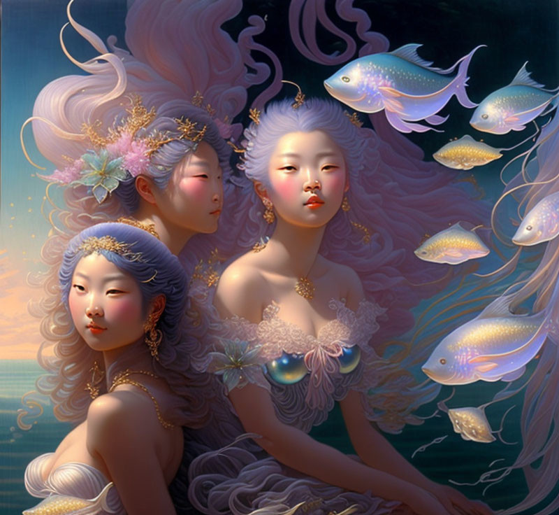 Stylized women with flowing hair and fish in moonlit underwater scene