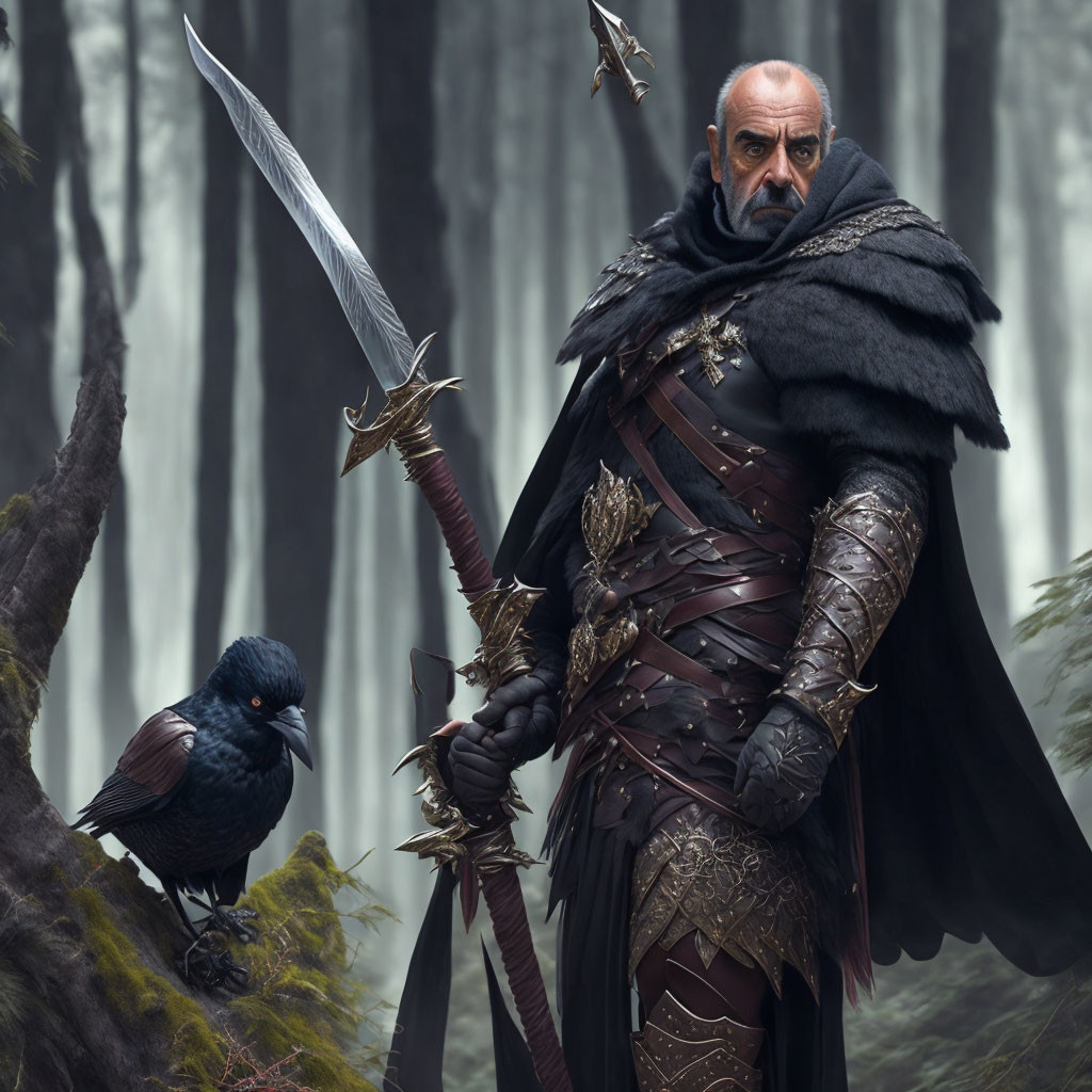 Medieval warrior in ornate armor with sword and raven in misty forest