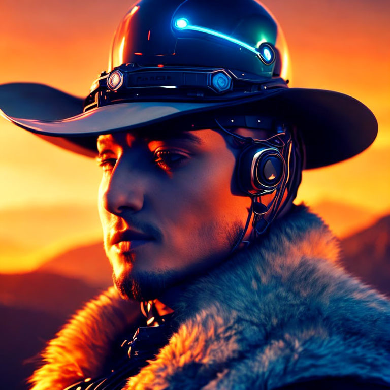 Futuristic cowboy hat with glowing elements in sunset scene